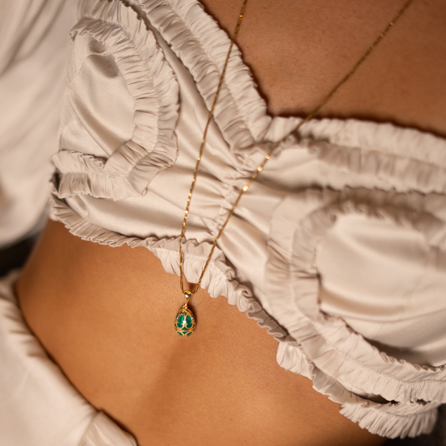 Lucky Clover Green Enamel Egg Gold Necklace