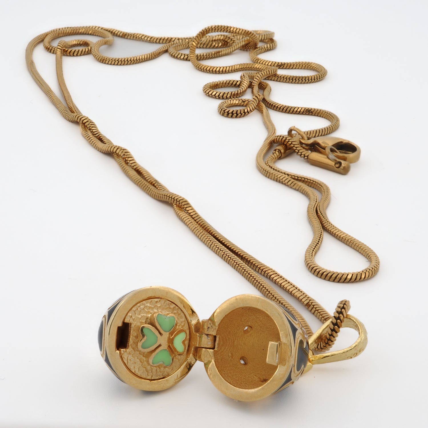 Lucky Clover White Enamel Egg Gold Necklace