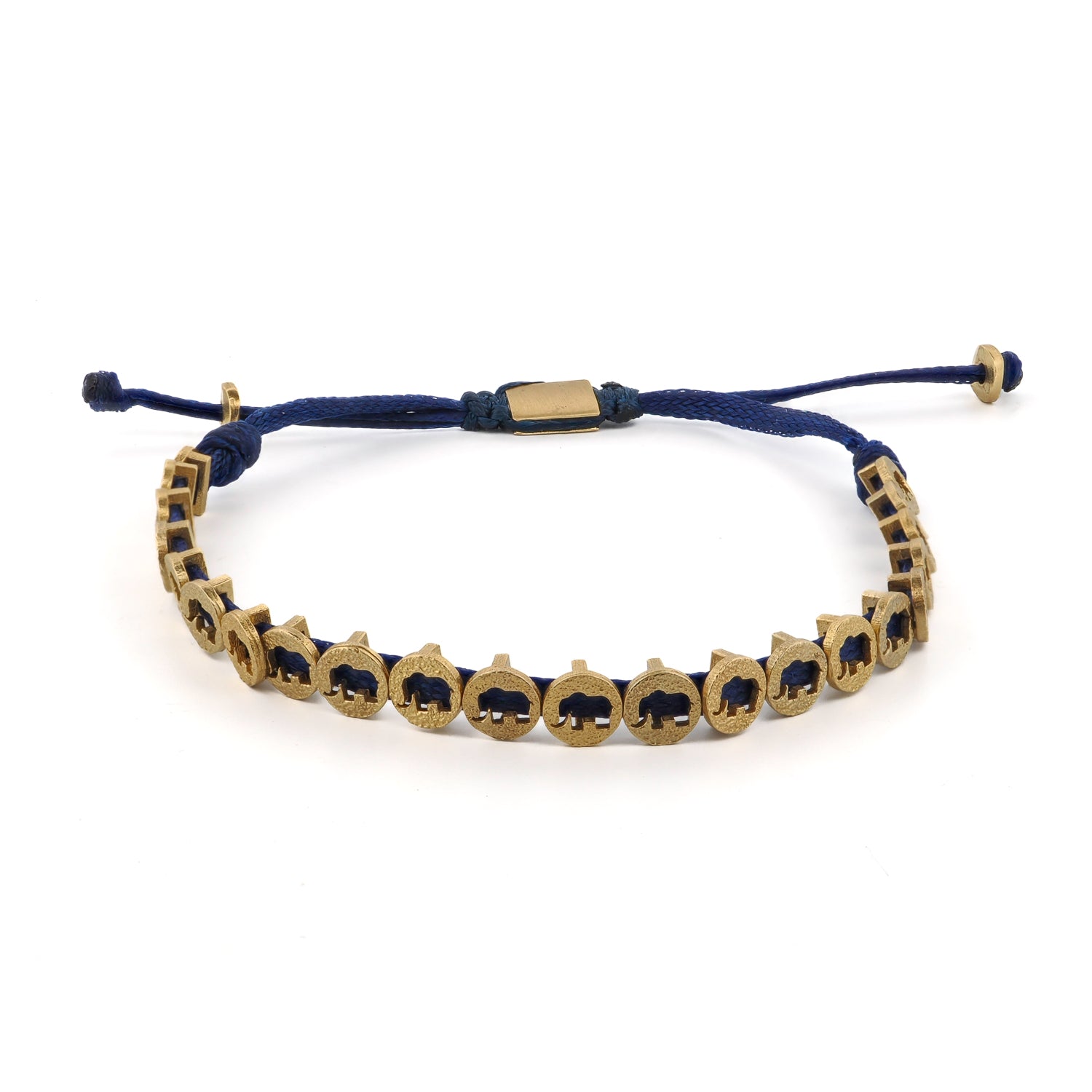 Handmade unisex bracelet with turquoise rope and 18K gold-plated brass elephant charms for good fortune.
