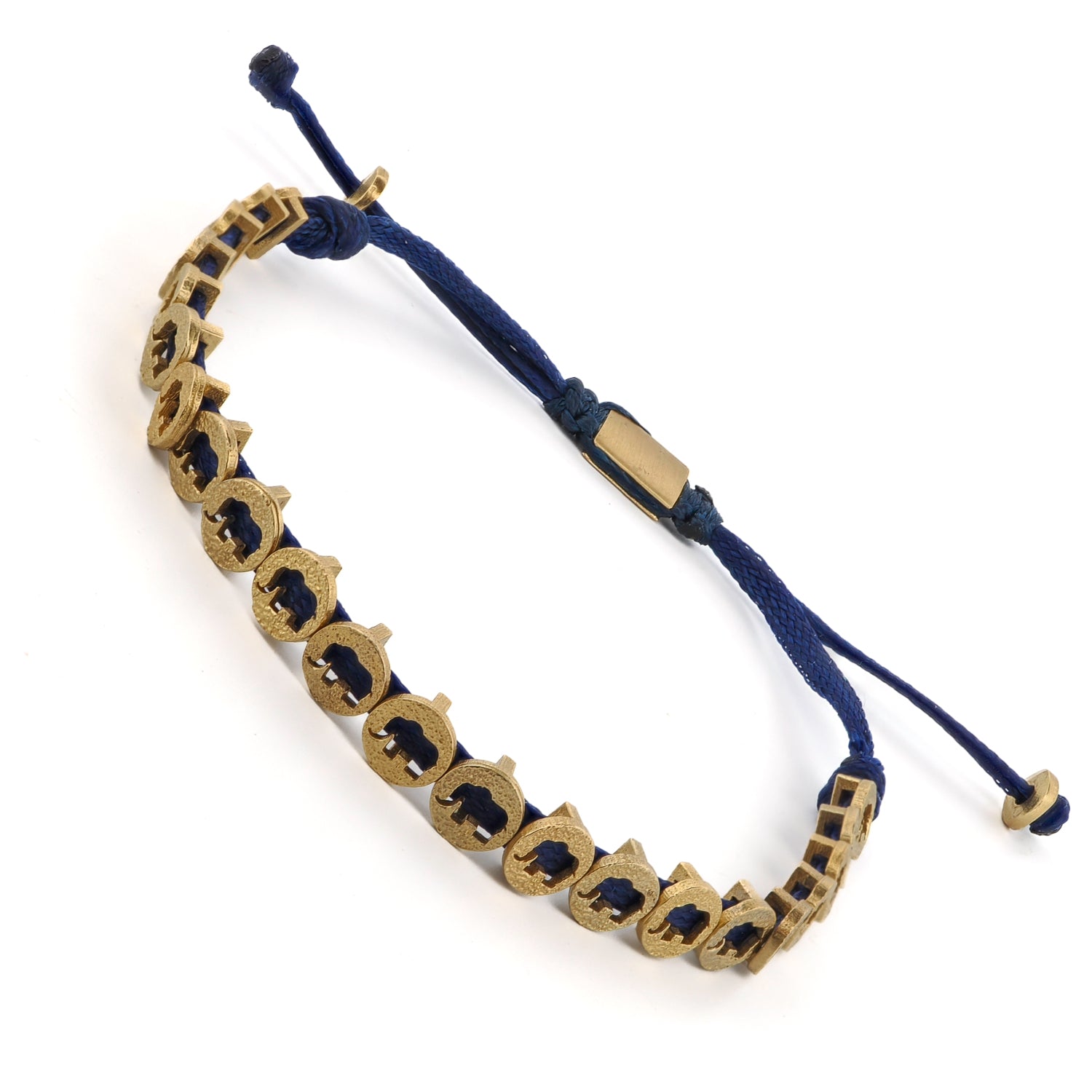 Unisex Lucky Elephant String Bracelet with adjustable turquoise rope and gold-plated brass charms.