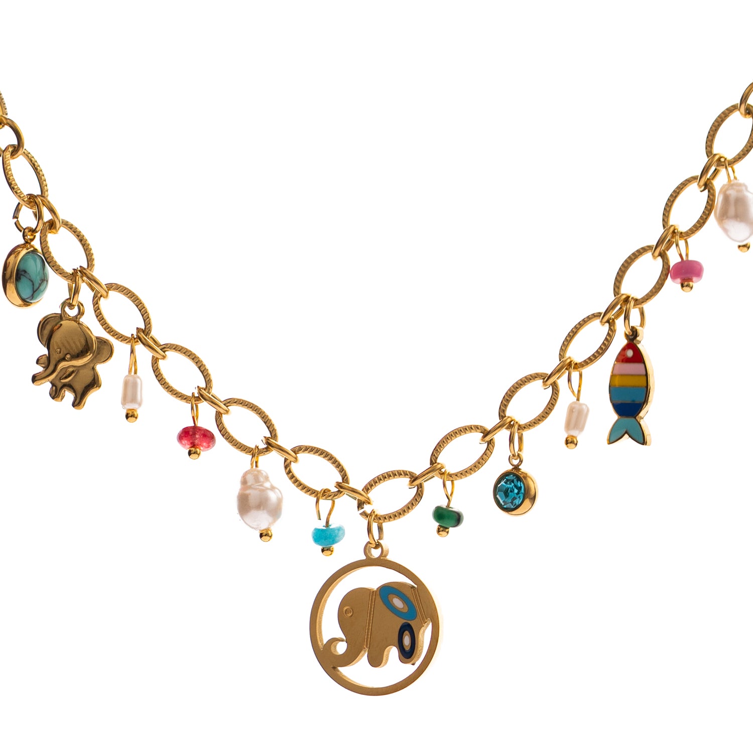 Gold choker with pearl, elephant, and fish charms styled for vacation outfits and beach-ready looks