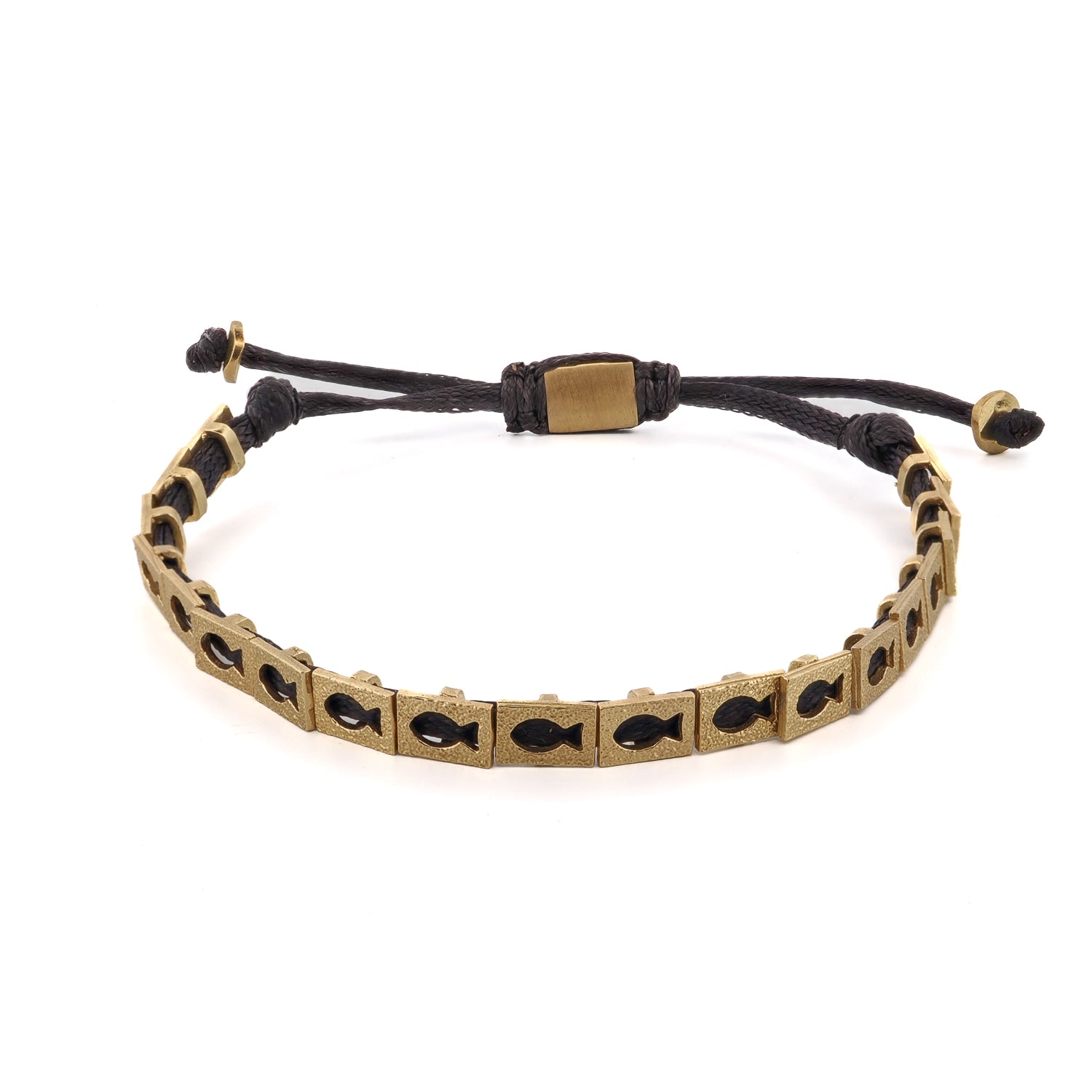 Lucky Fish Black Woven String Bracelet featuring 18K gold-plated brass fish charms on an adjustable black rope.
