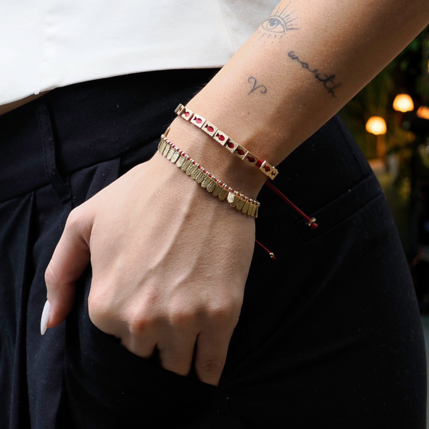 Unisex Red Woven Bracelet with 18k Gold Fish Charms for Good Fortune