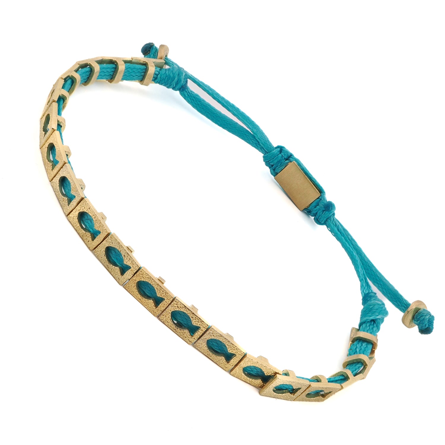 Fashionable unisex bracelet with lucky gold fish charm and spiritual turquoise string.