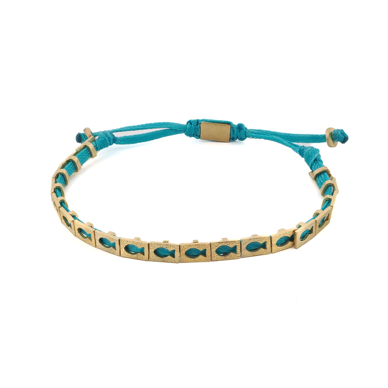 Handmade turquoise string bracelet with 18k gold-plated fish charms symbolizing luck and prosperity.