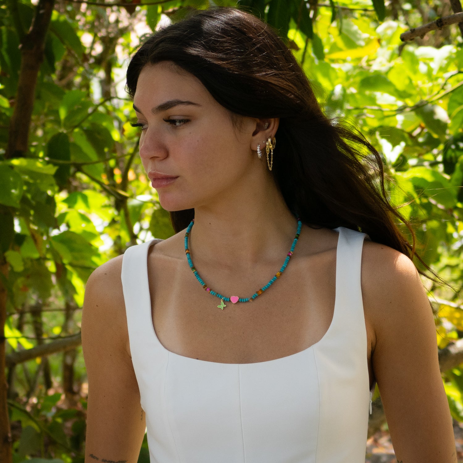Lucky Heart & Butterfly Turquoise Charm Necklace