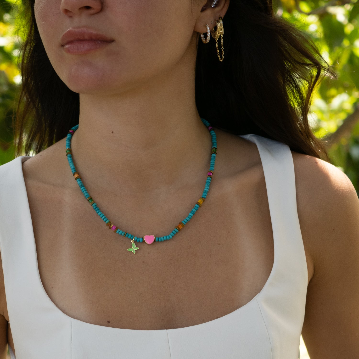 Lucky Heart & Butterfly Turquoise Charm Necklace