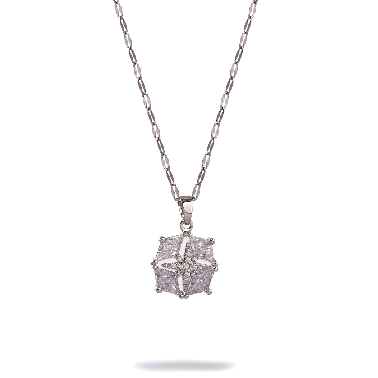 Stainless Steel Necklace with CZ Diamonds and Guiding Star Pendant for Elegance and Positivity