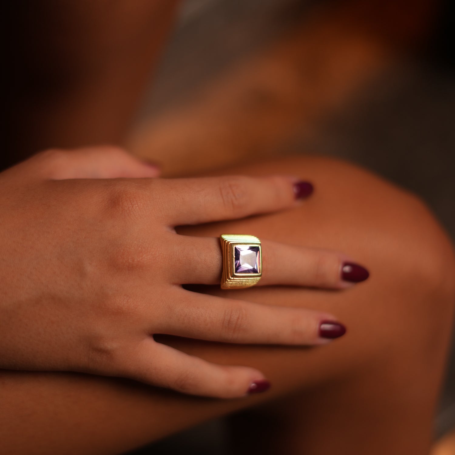 Large Amethyst Stone with 18K Gold Vermeil Band in Chunky Signet Ring Design
