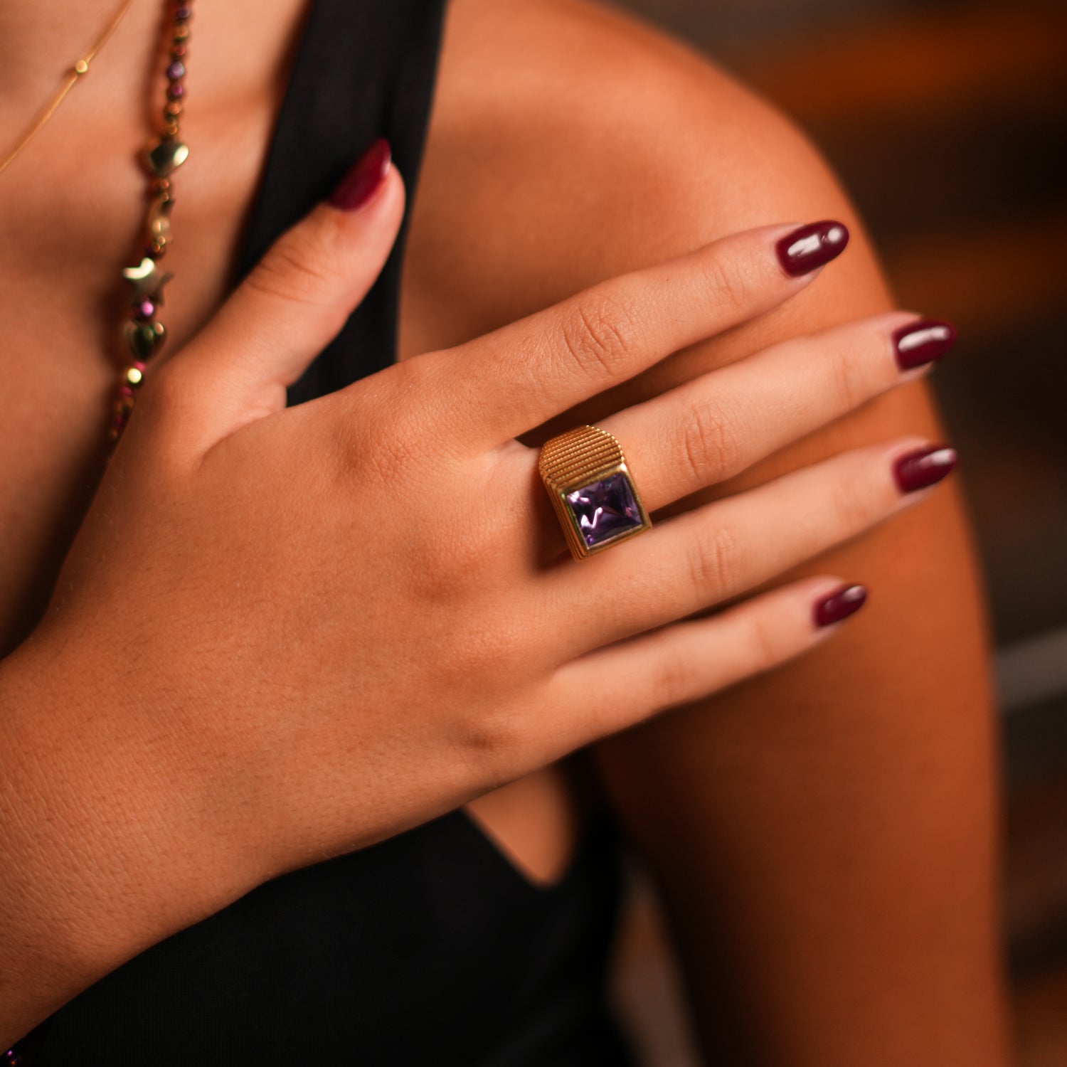 Elegant Amethyst & Gold Vermeil Signet Ring, Featuring a Large Amethyst Stone