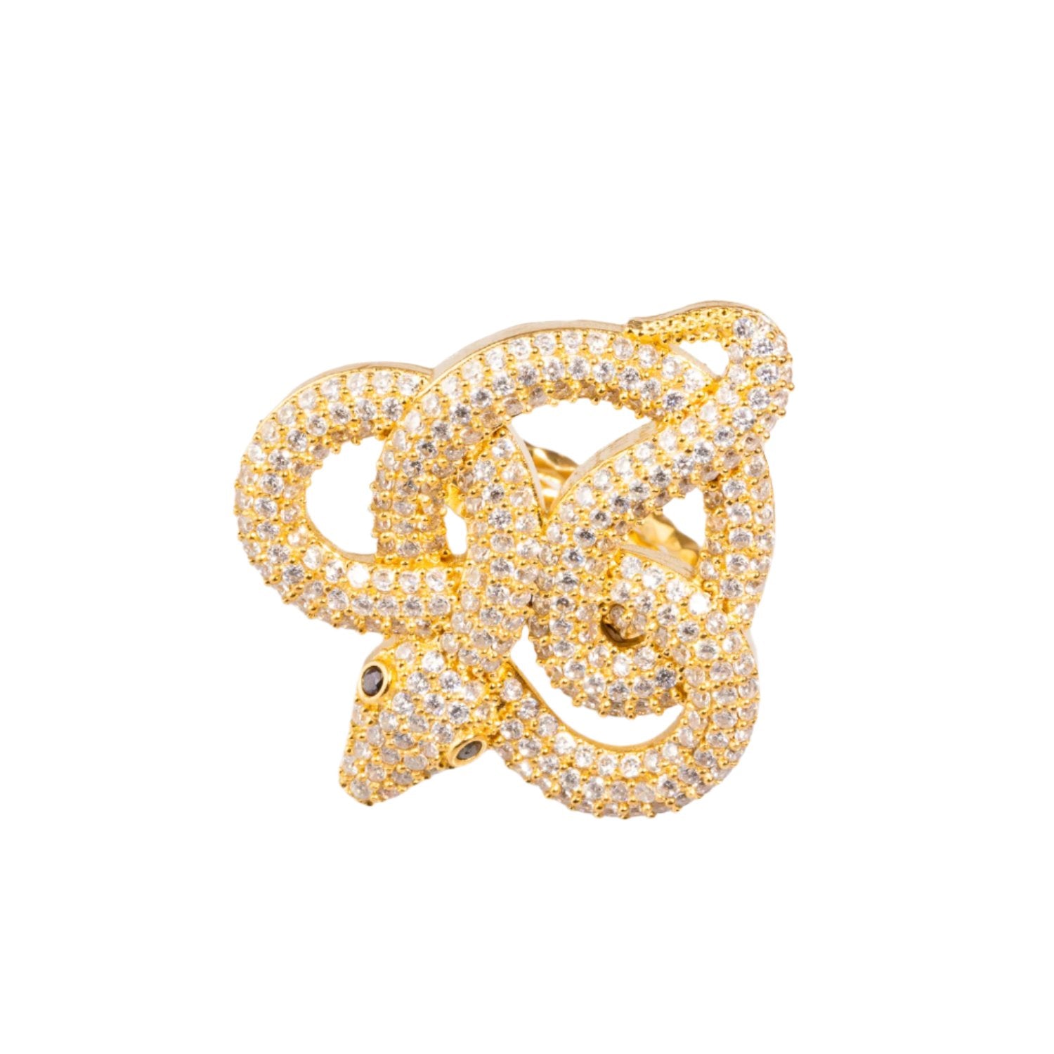 Bold chunky gold ring featuring a snake design adorned with sparkling CZ diamonds and green eyes, crafted from 24k gold-plated brass with an adjustable band.