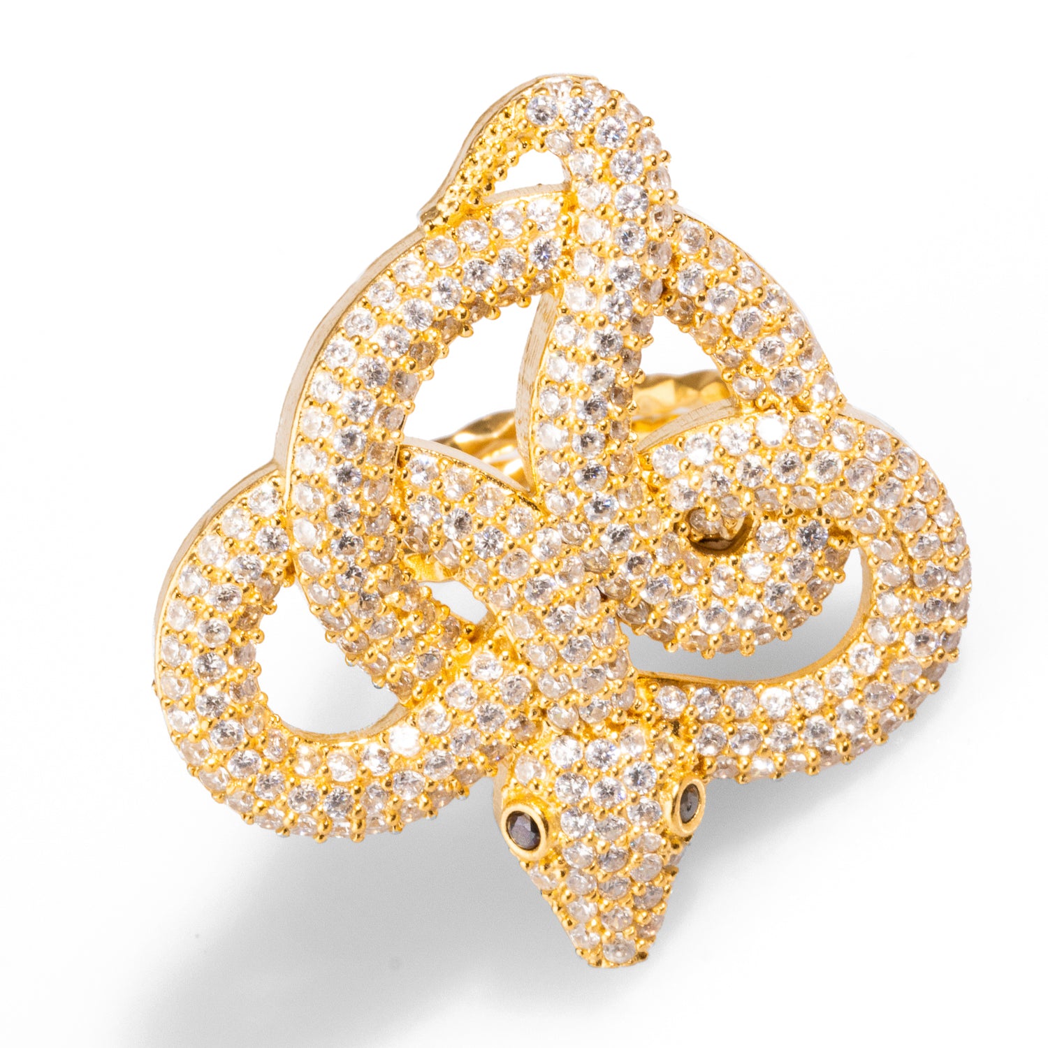 Striking chunky ring with a snake design, embellished with CZ diamonds and green eyes, crafted from 24k gold-plated brass with an adjustable band.