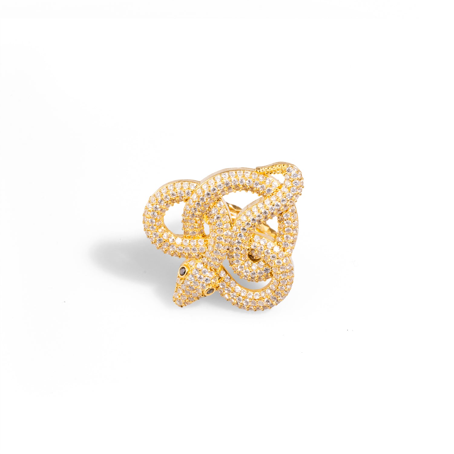 Dazzling chunky gold ring with a snake motif and CZ diamonds, finished with green eyes, made from 24k gold-plated brass and adjustable.