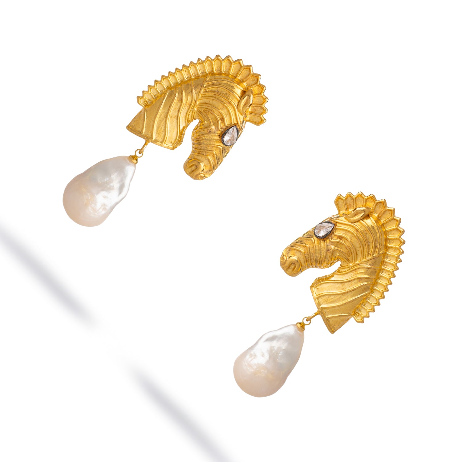 Majestic Horse & Baroque Pearl Gold Statement Earrings