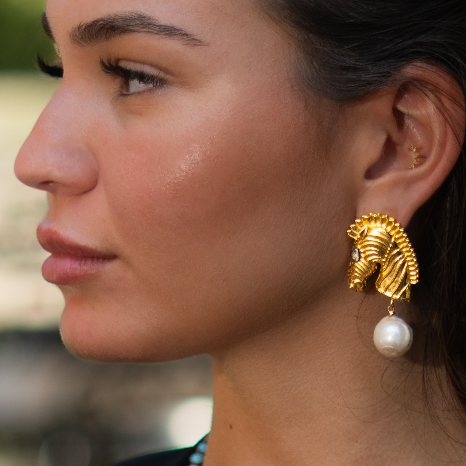 Majestic Horse & Baroque Pearl Gold Statement Earrings