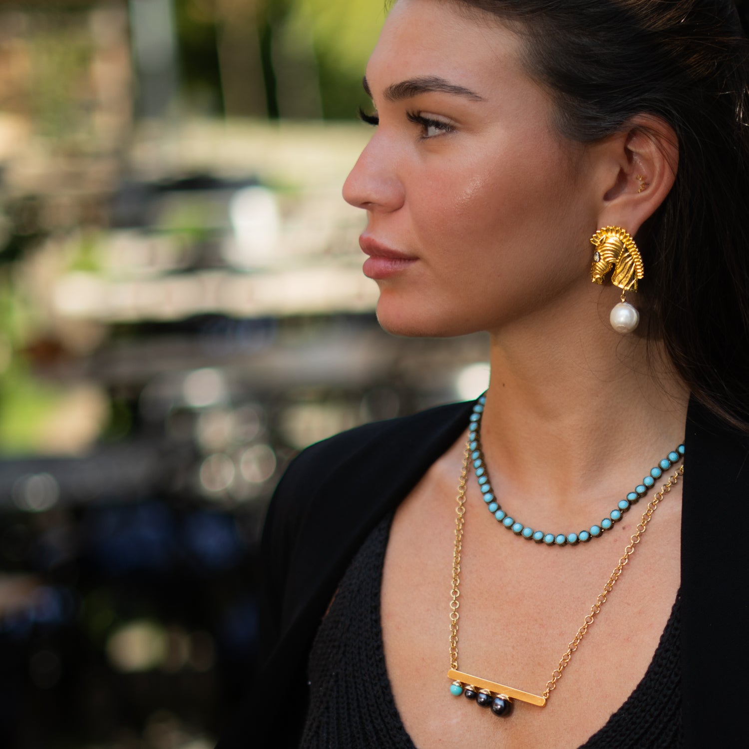 Majestic Horse & Baroque Pearl Gold Statement Earrings