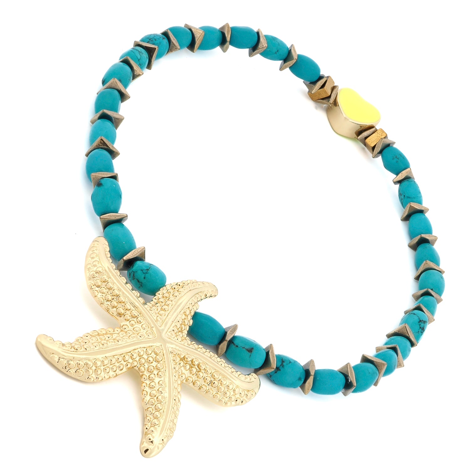 Bohemian beach anklet with vivid turquoise beads, gold hematite spacers, and starfish charm.