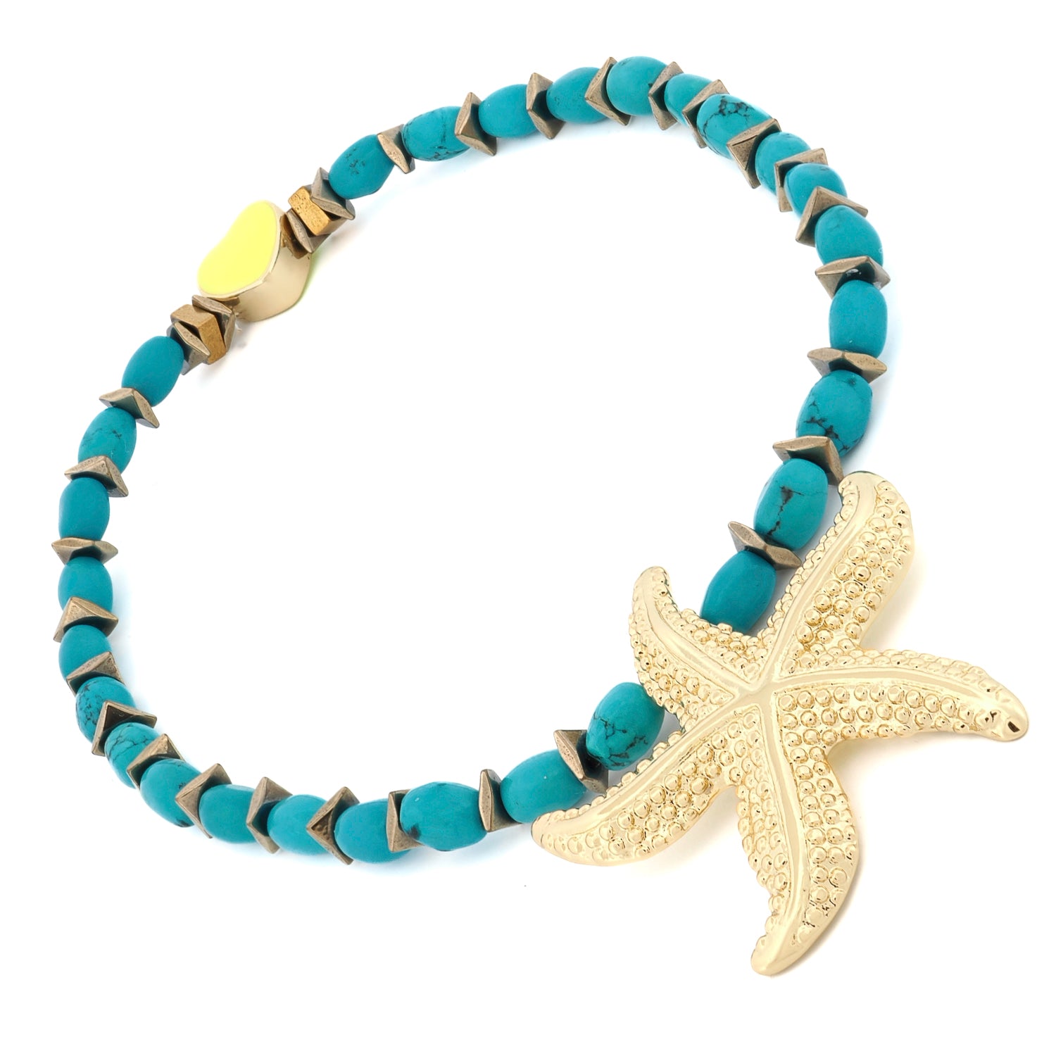 Summer-ready beaded anklet with gold starfish charm and cheerful yellow enamel heart.