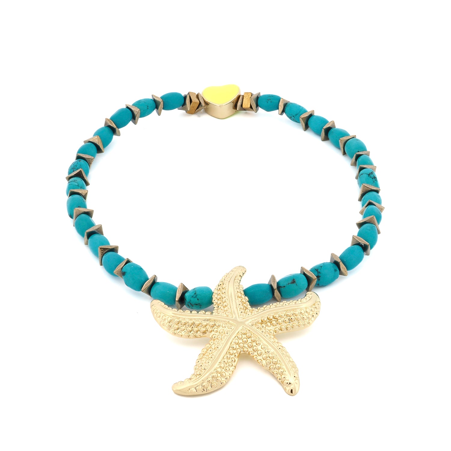 Handmade turquoise anklet with gold-plated starfish charm and yellow enamel heart bead.