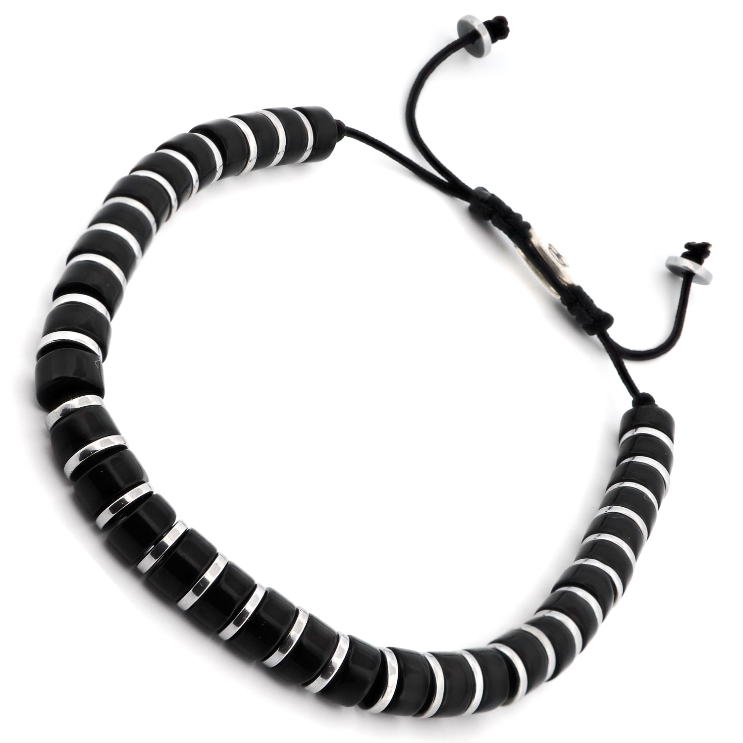 Adjustable Men's Black Onyx Stone Beaded Bracelet with striking onyx nugget beads and metallic hematite accents.