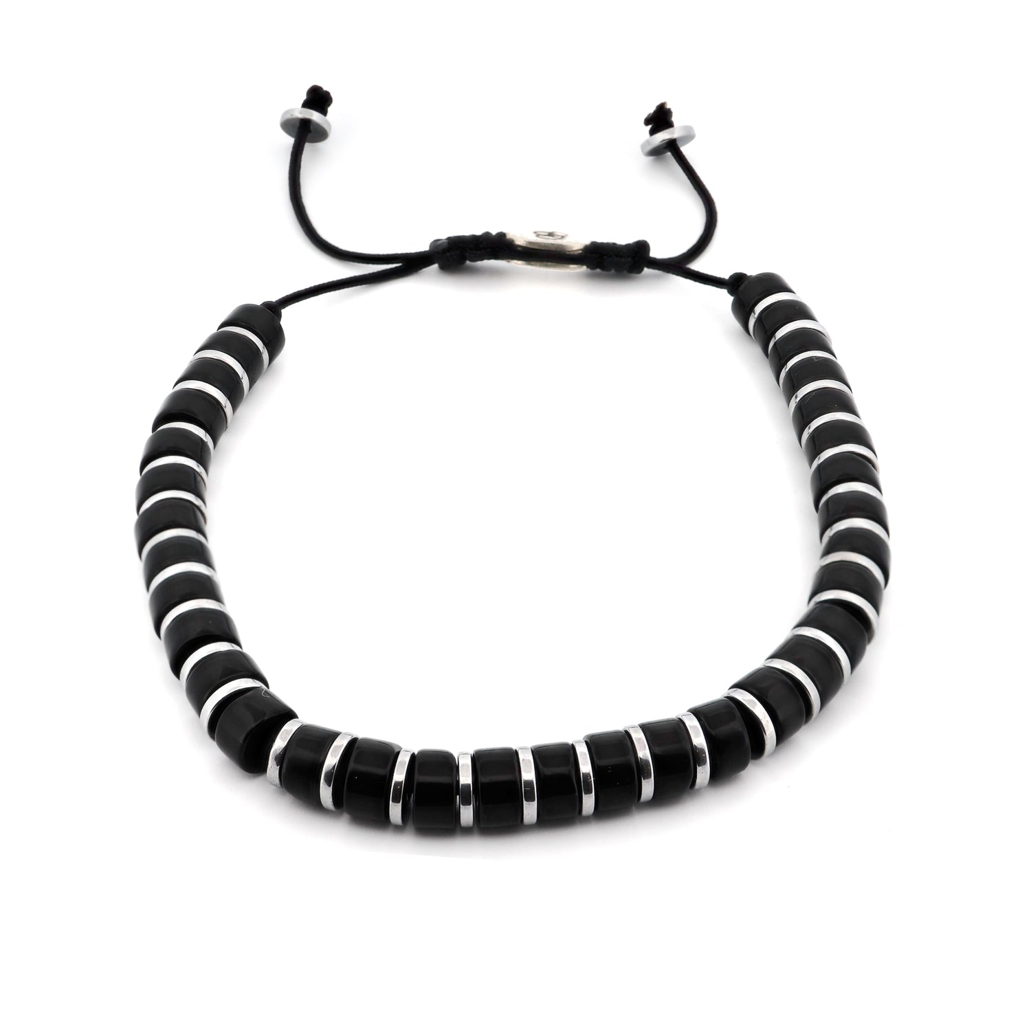 Stylish Men's Black Onyx Stone Beaded Adjustable Bracelet with glossy nugget-shaped onyx stones and silver hematite spacers.