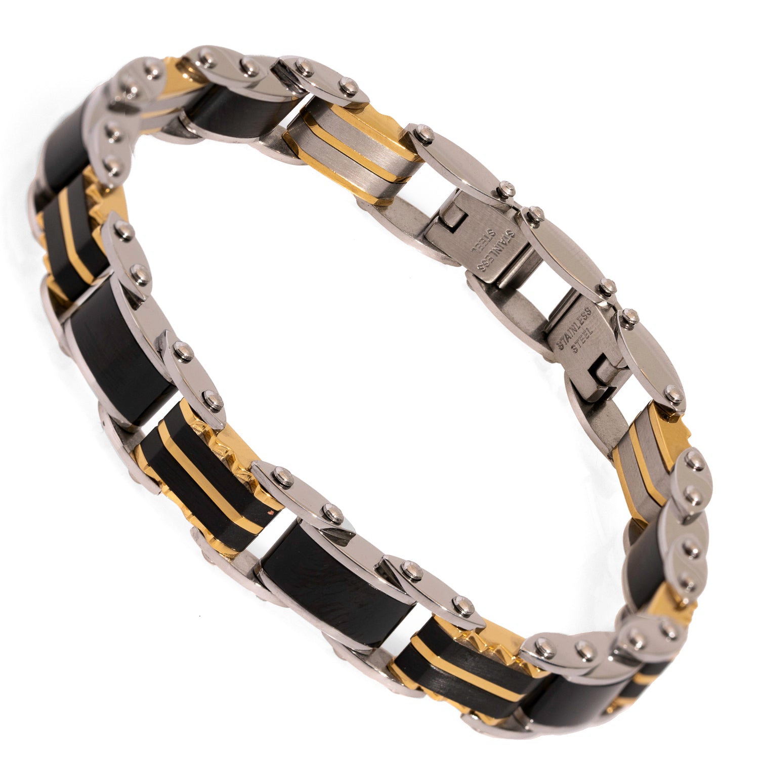 Elegant Men's Fashion Icon Bracelet crafted with silver stainless steel and contrasting black and gold accents.