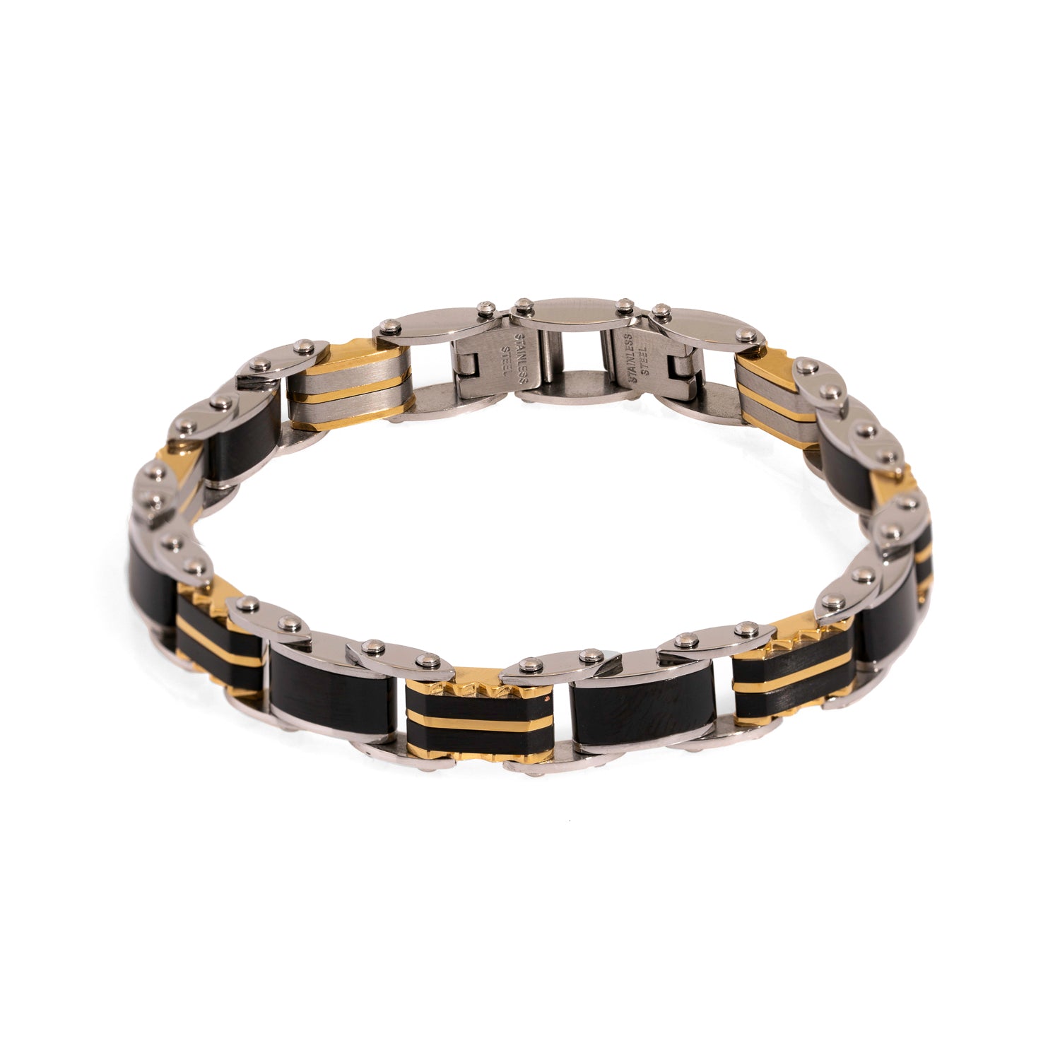 Men's stainless steel bracelet with a silver base and alternating black and gold-tone links for a bold look.