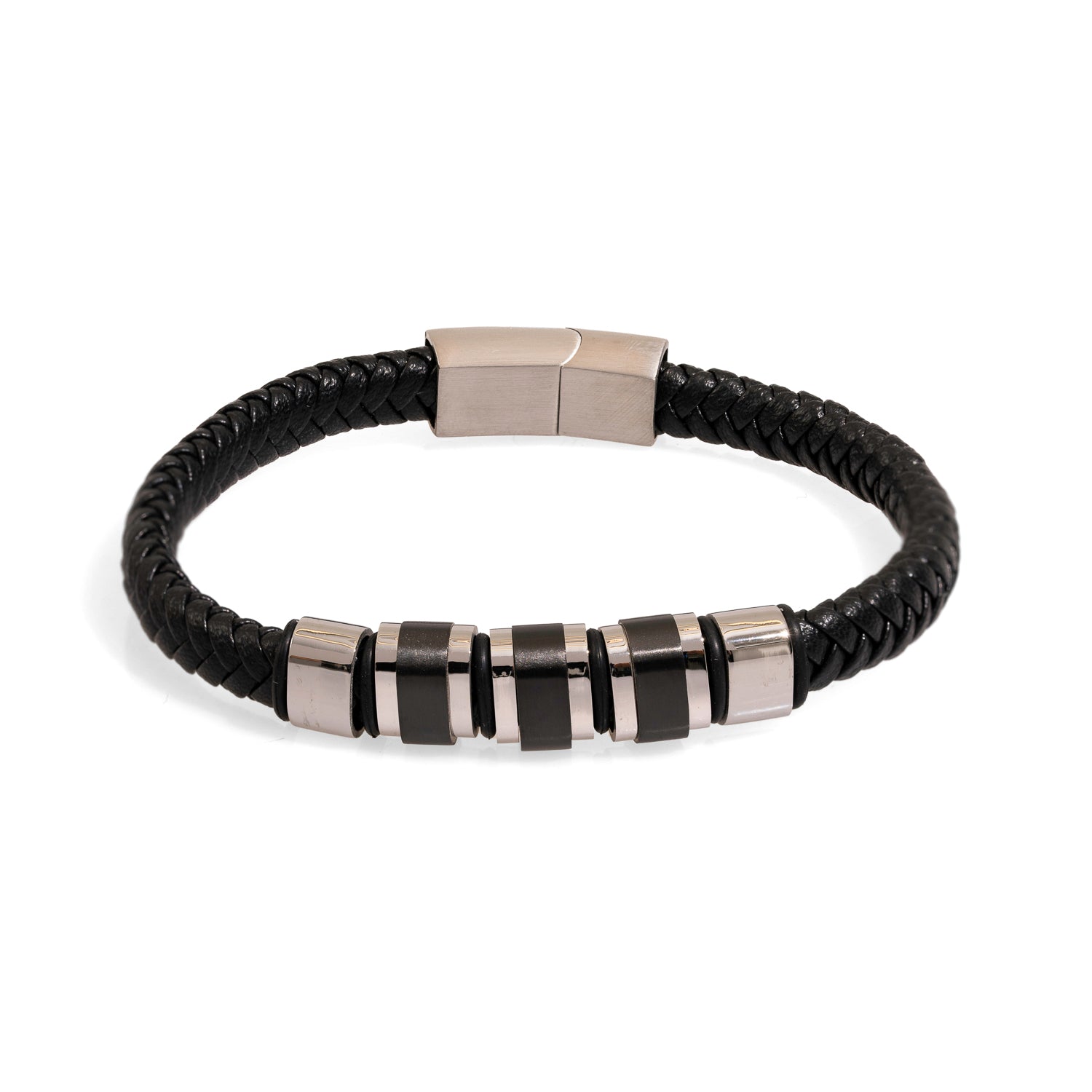 Men’s Black Leather Bracelet with Stainless Steel Magnetic Clasp for Secure Fit