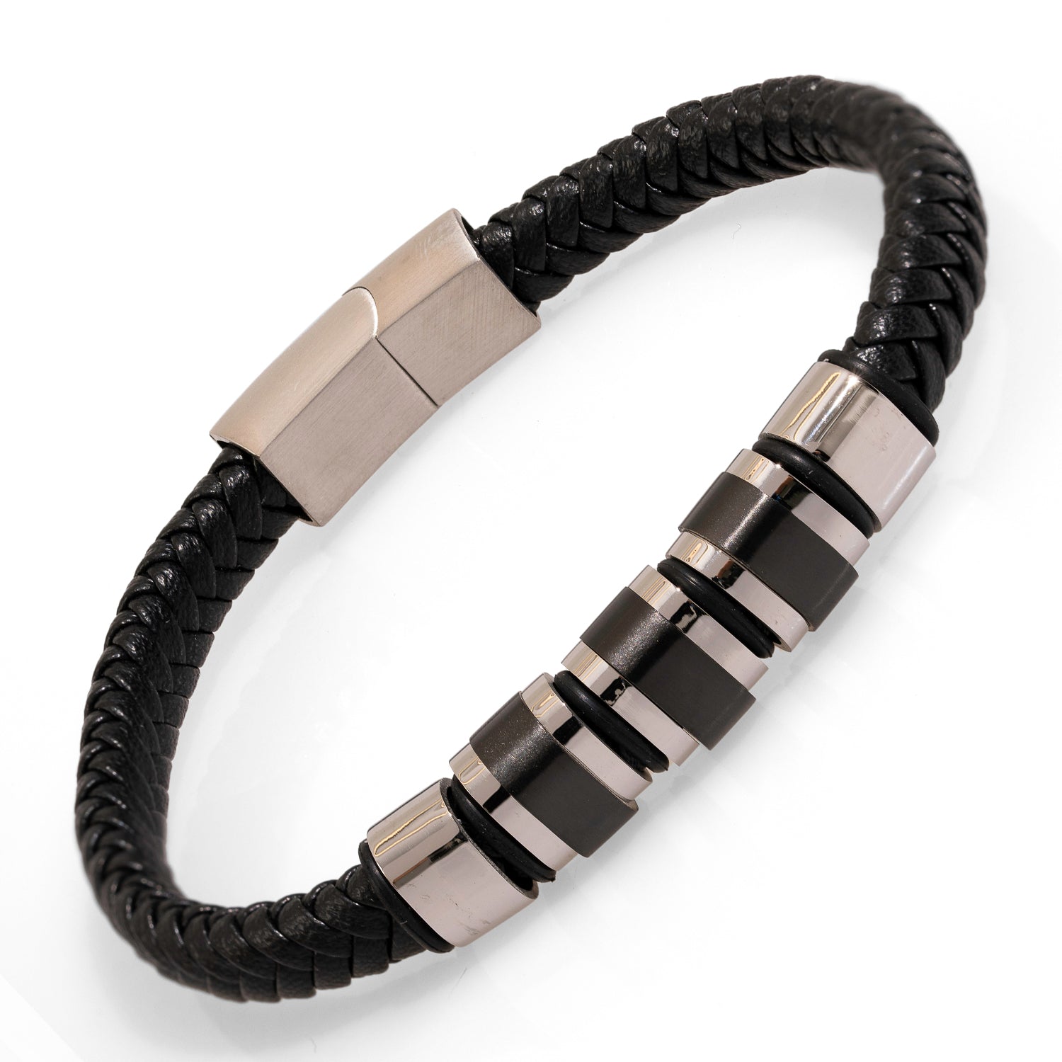 Magnetic Clasp Black Leather Bracelet with Stainless Steel for Versatile Style
