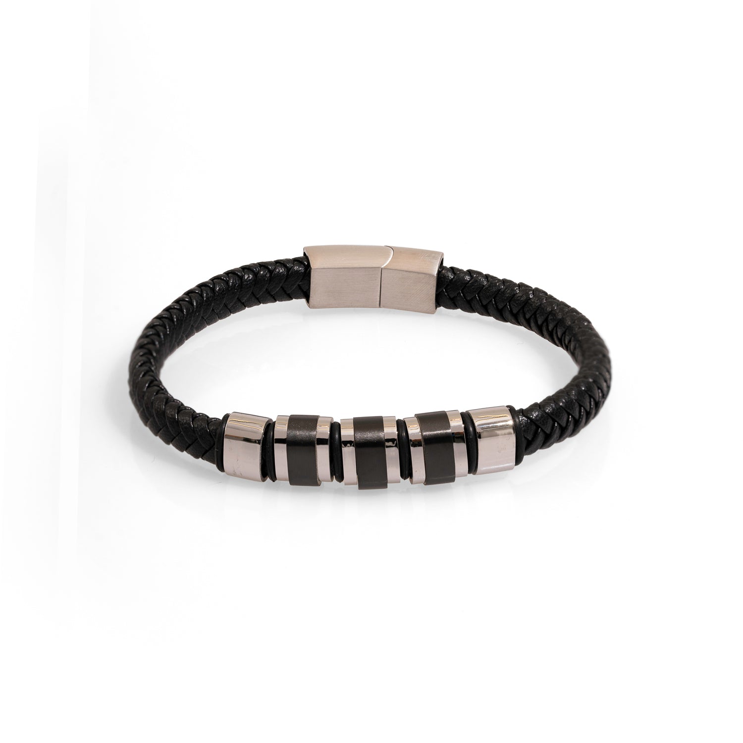 Men's Black Leather and Stainless Steel Bracelet for a Bold, Everyday Statement