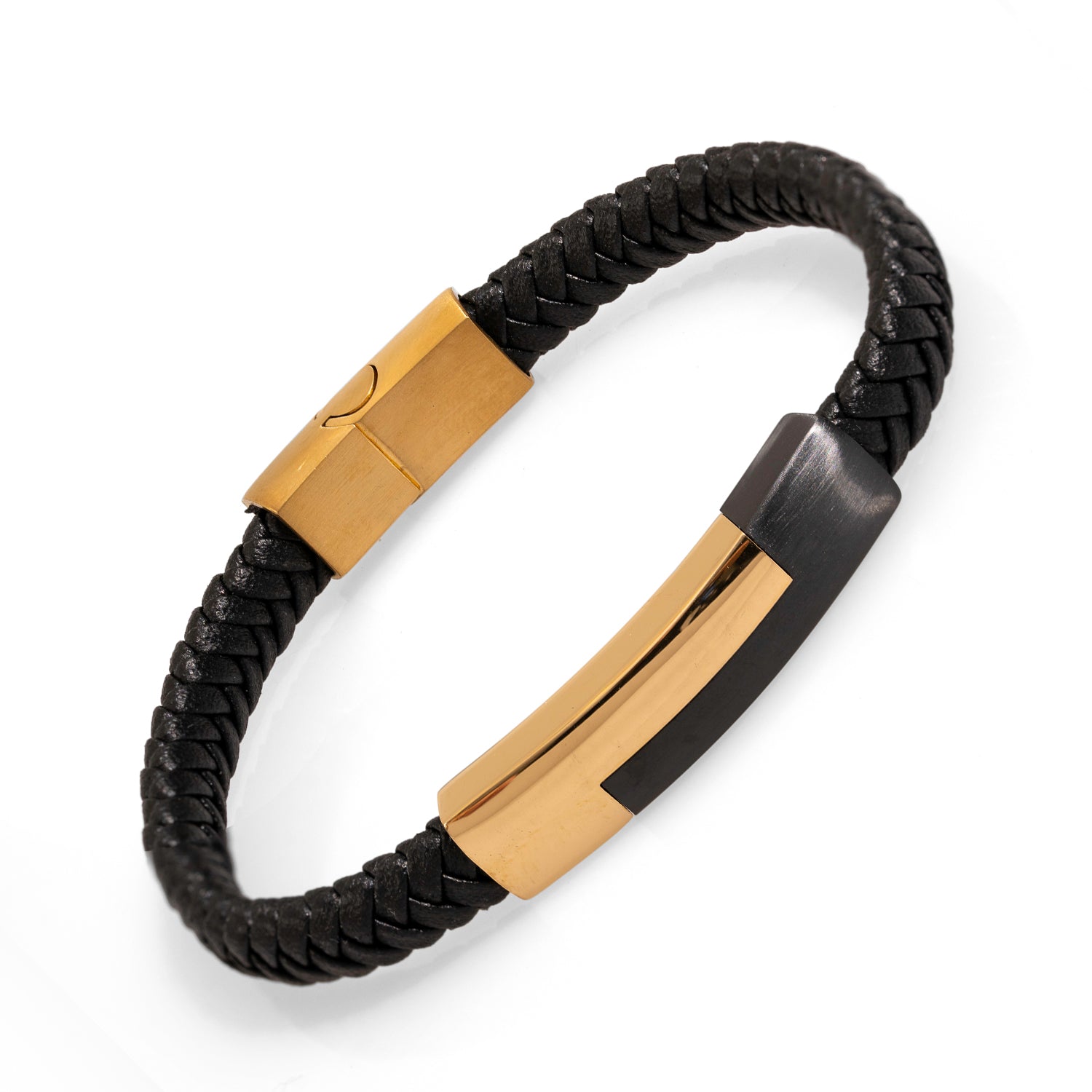 Handmade Black Leather Bracelet with Gold and Black Stainless Steel for Sophisticated Men