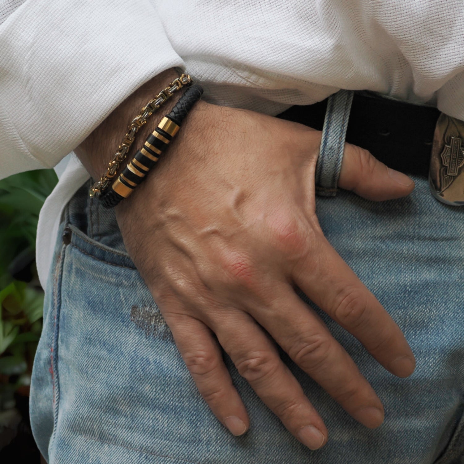 Handcrafted Black Leather Bracelet with Gold and Black Stainless Steel for Luxury Look