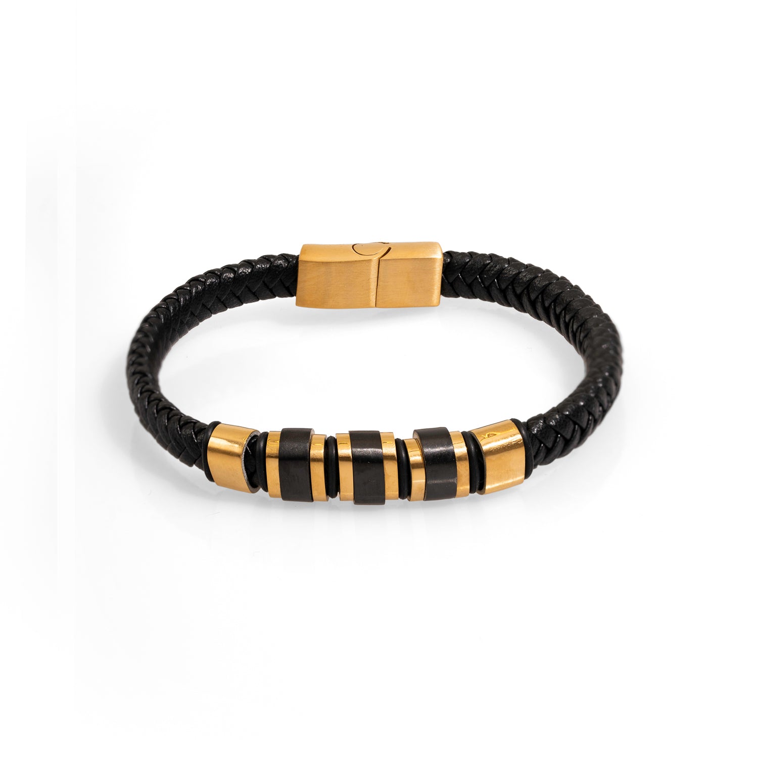 Men's Fashion Black Leather Bracelet with Gold and Stainless Steel for Bold Style