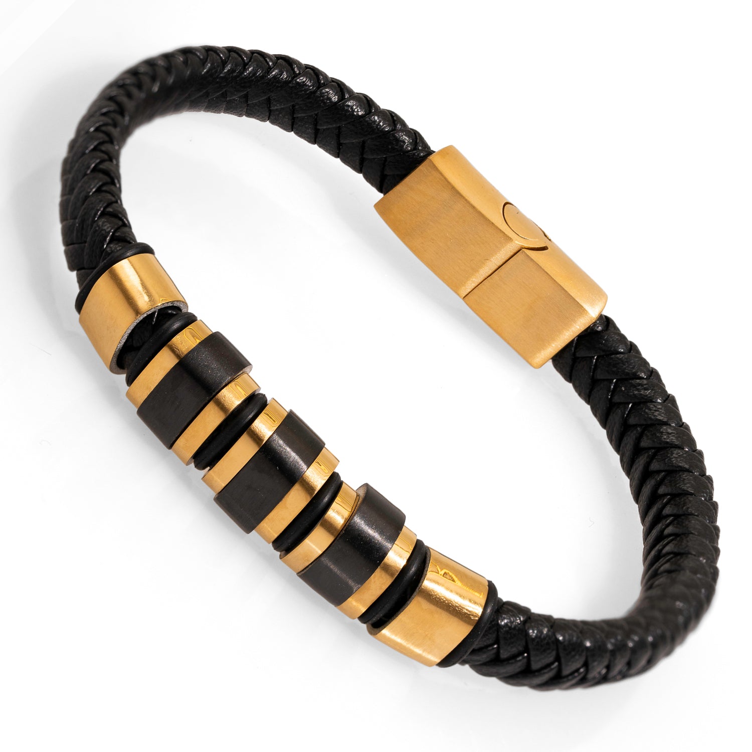Luxury Men’s Black Leather Bracelet with Gold and Black Stainless Steel for Elegant Style
