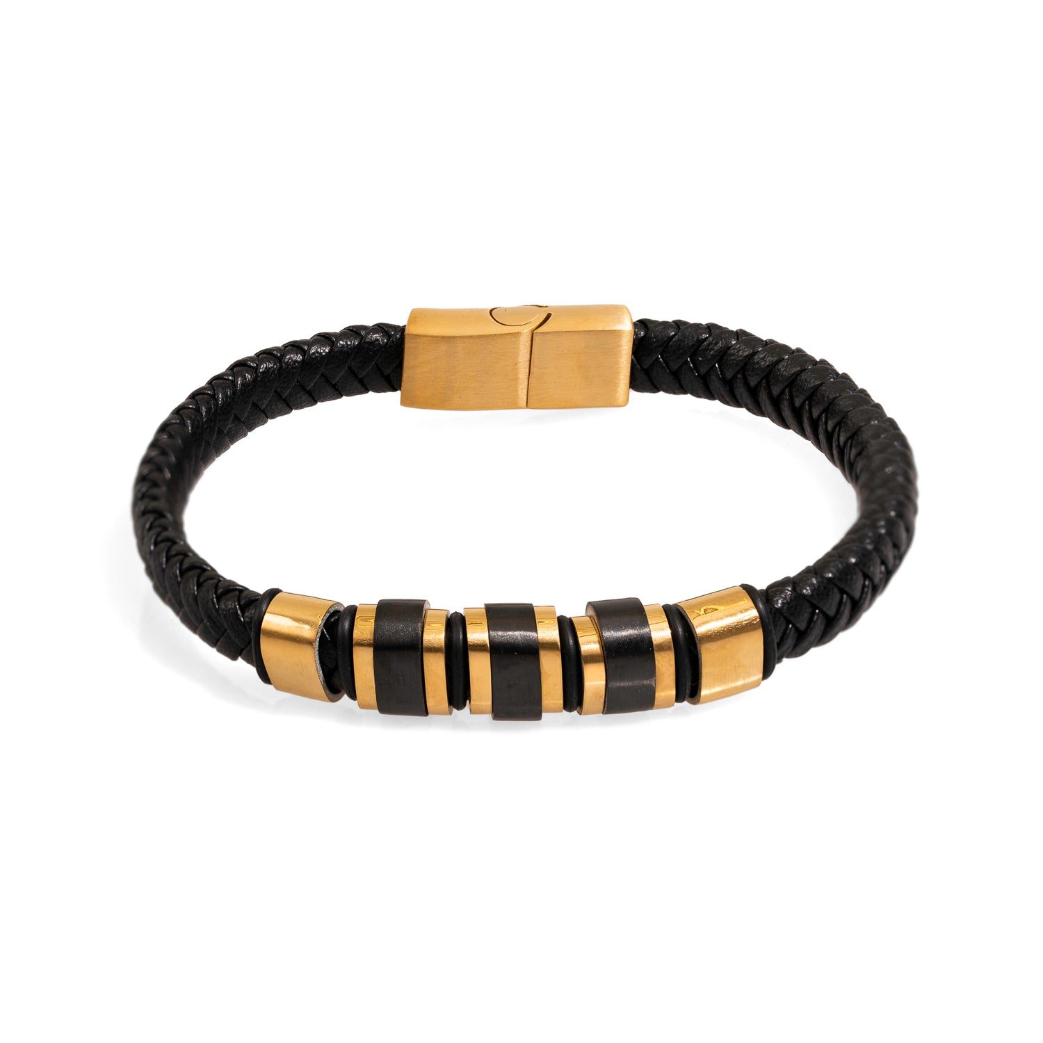 Black Leather Bracelet with Gold and Black Stainless Steel for Men’s Fashion