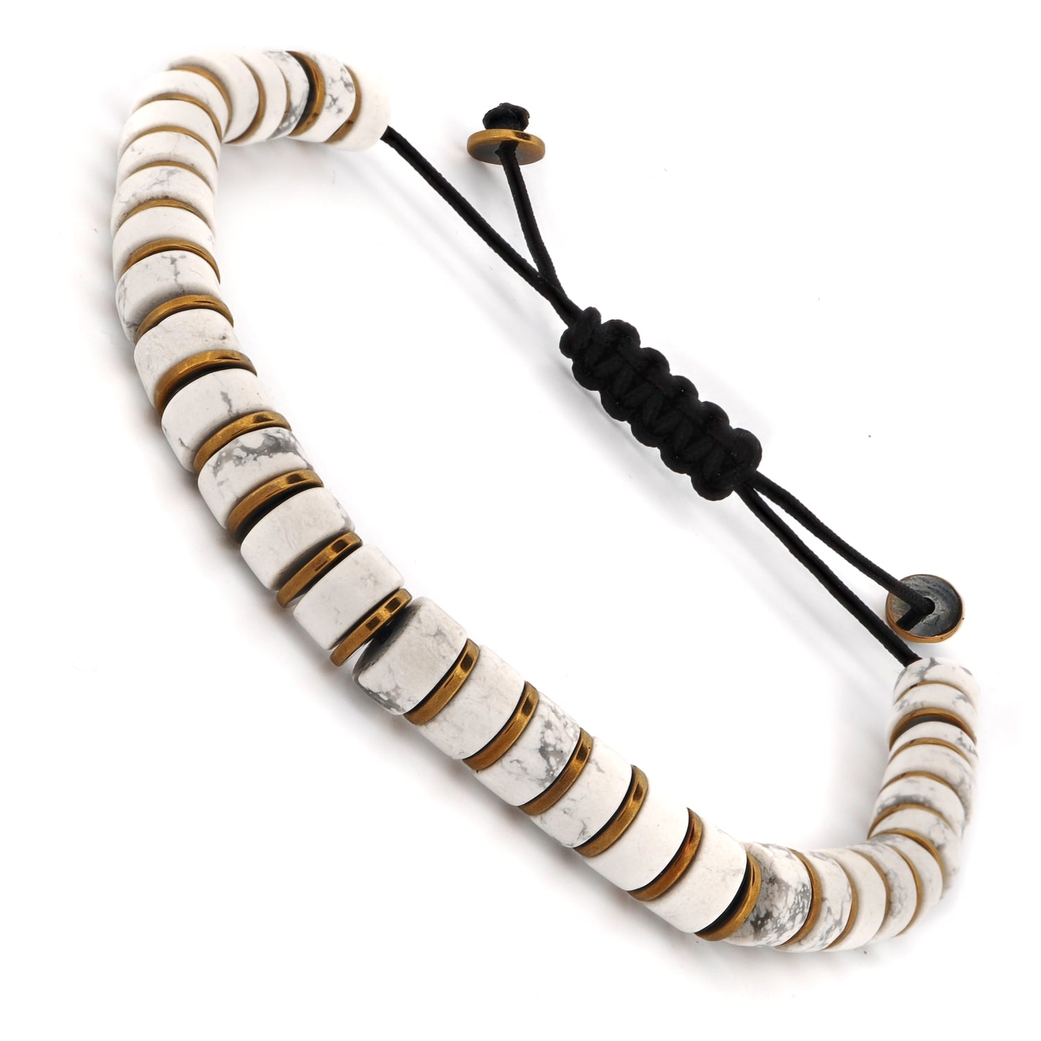 Modern men's bracelet with nugget howlite beads, gold hematite spacers, and an adjustable rope design.