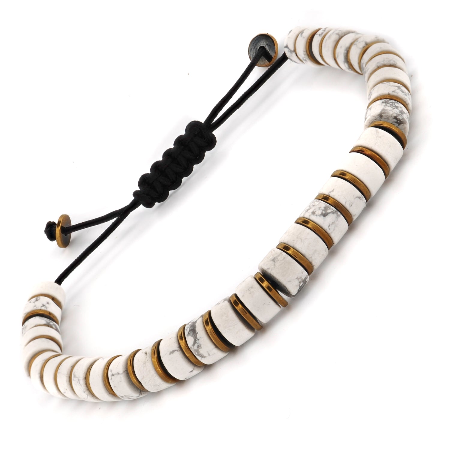 Calming and stylish bracelet featuring white howlite nuggets, gold hematite details, and an adjustable clasp.