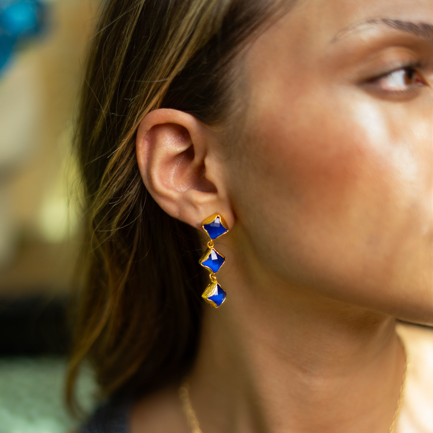 Midnight Blue Cat Eye Gold Earrings