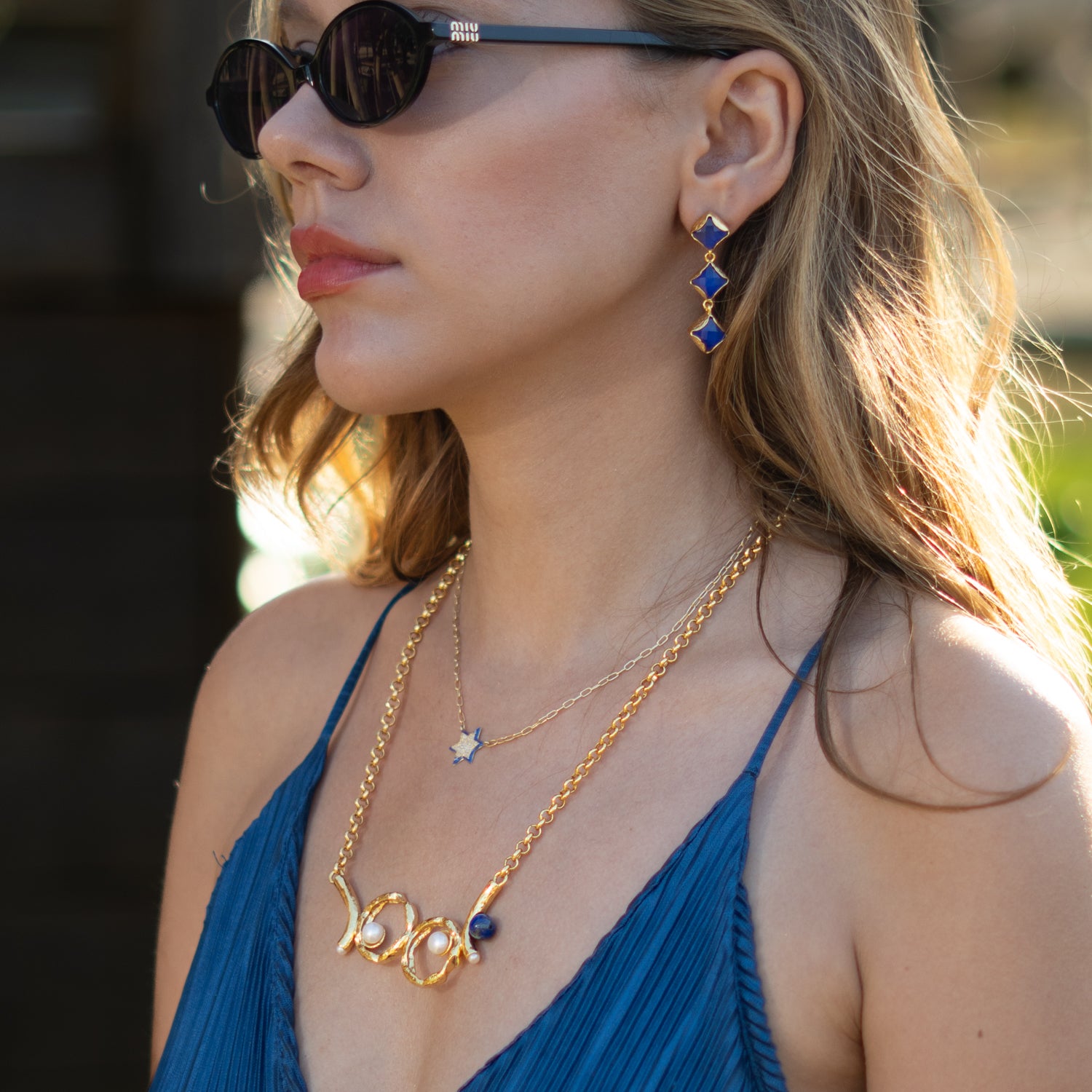 Midnight Blue Cat Eye Gold Earrings