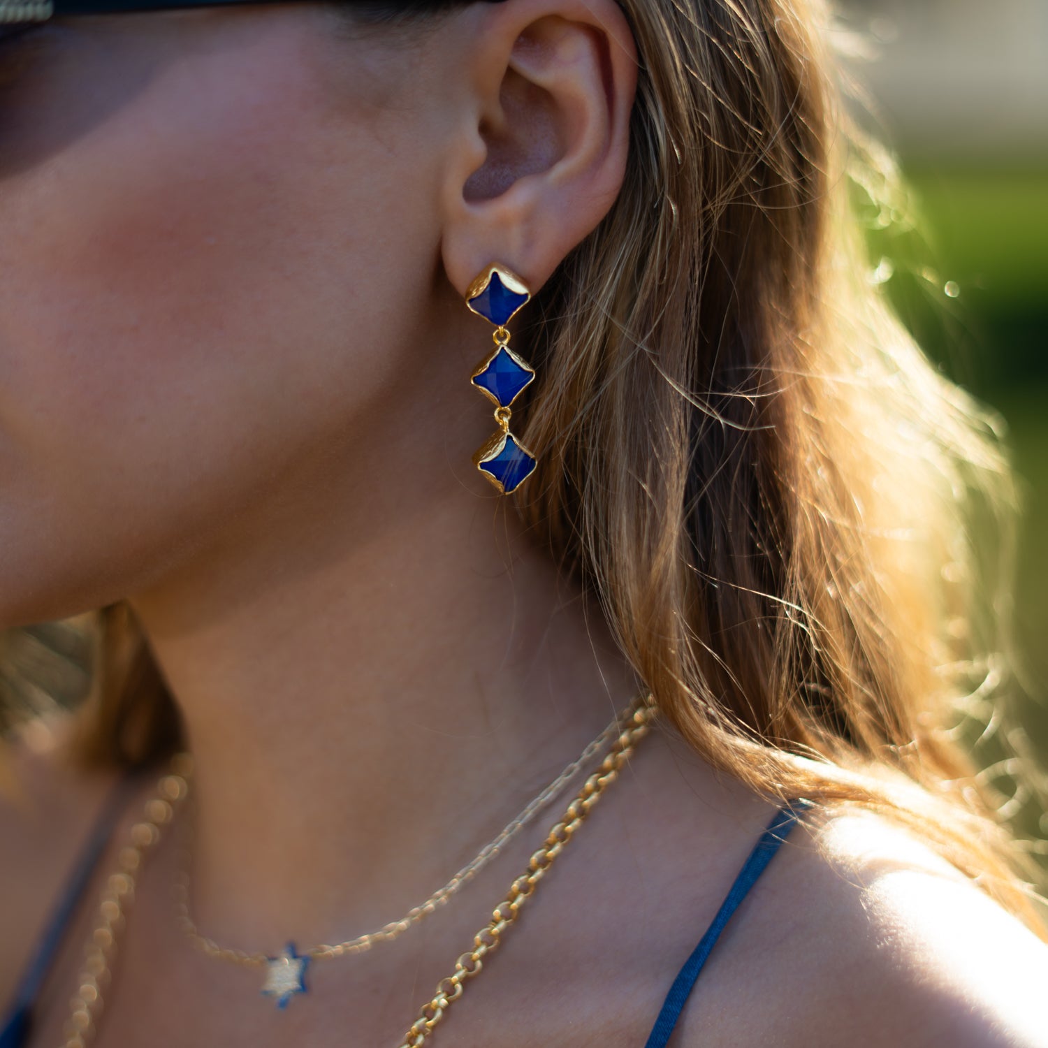 Midnight Blue Cat Eye Gold Earrings