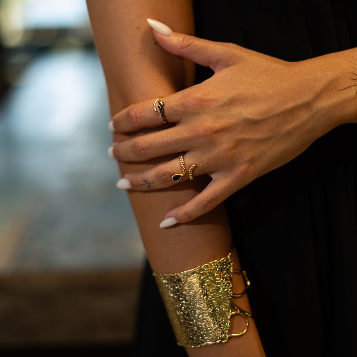 Midnight Teardrop Black Onyx Gold Adjustable Ring