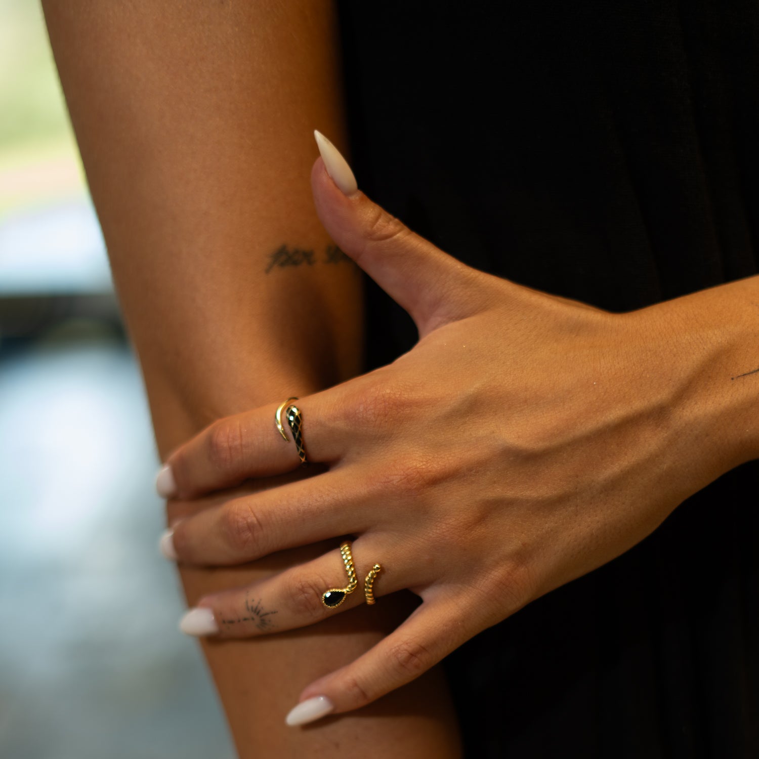 Midnight Teardrop Black Onyx Gold Adjustable Ring