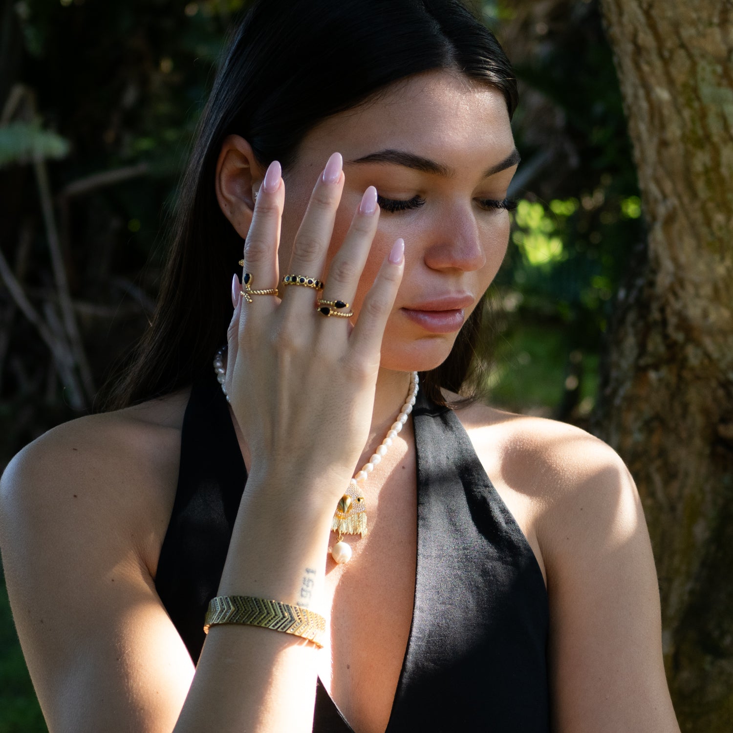 Midnight Teardrop Black Onyx Gold Adjustable Ring