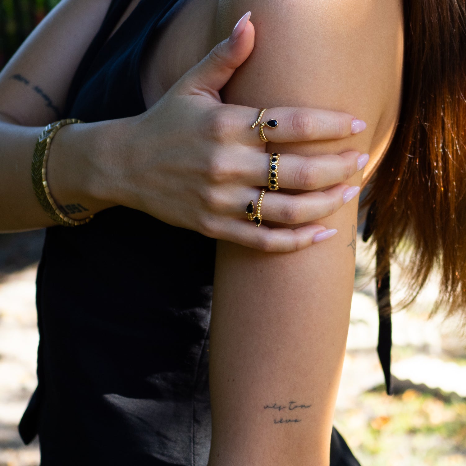 Midnight Teardrop Black Onyx Gold Adjustable Ring