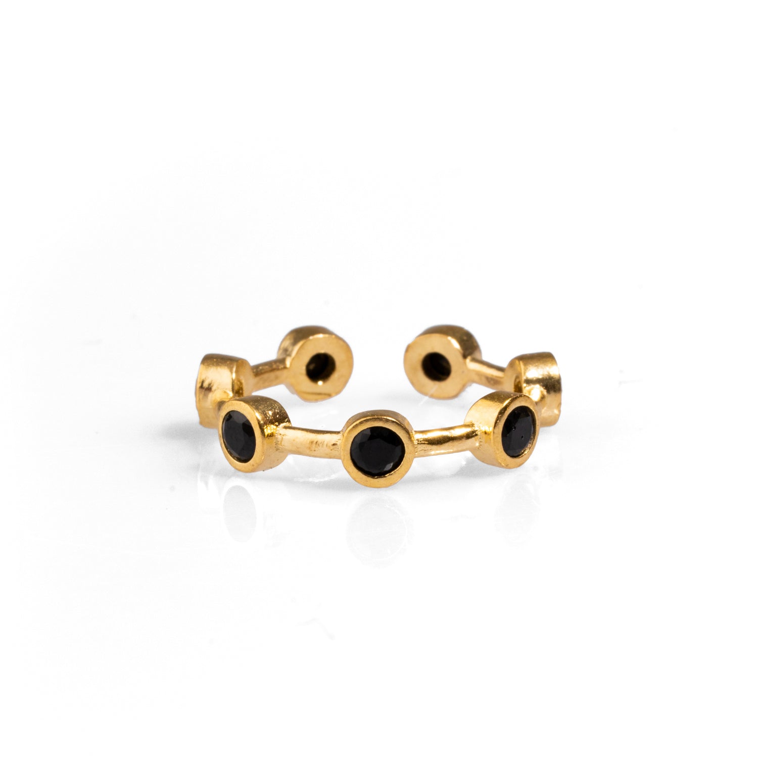 "Black Onyx & Gold Minimalist Ring - 24k Gold-Plated Brass Adjustable Stackable Ring"