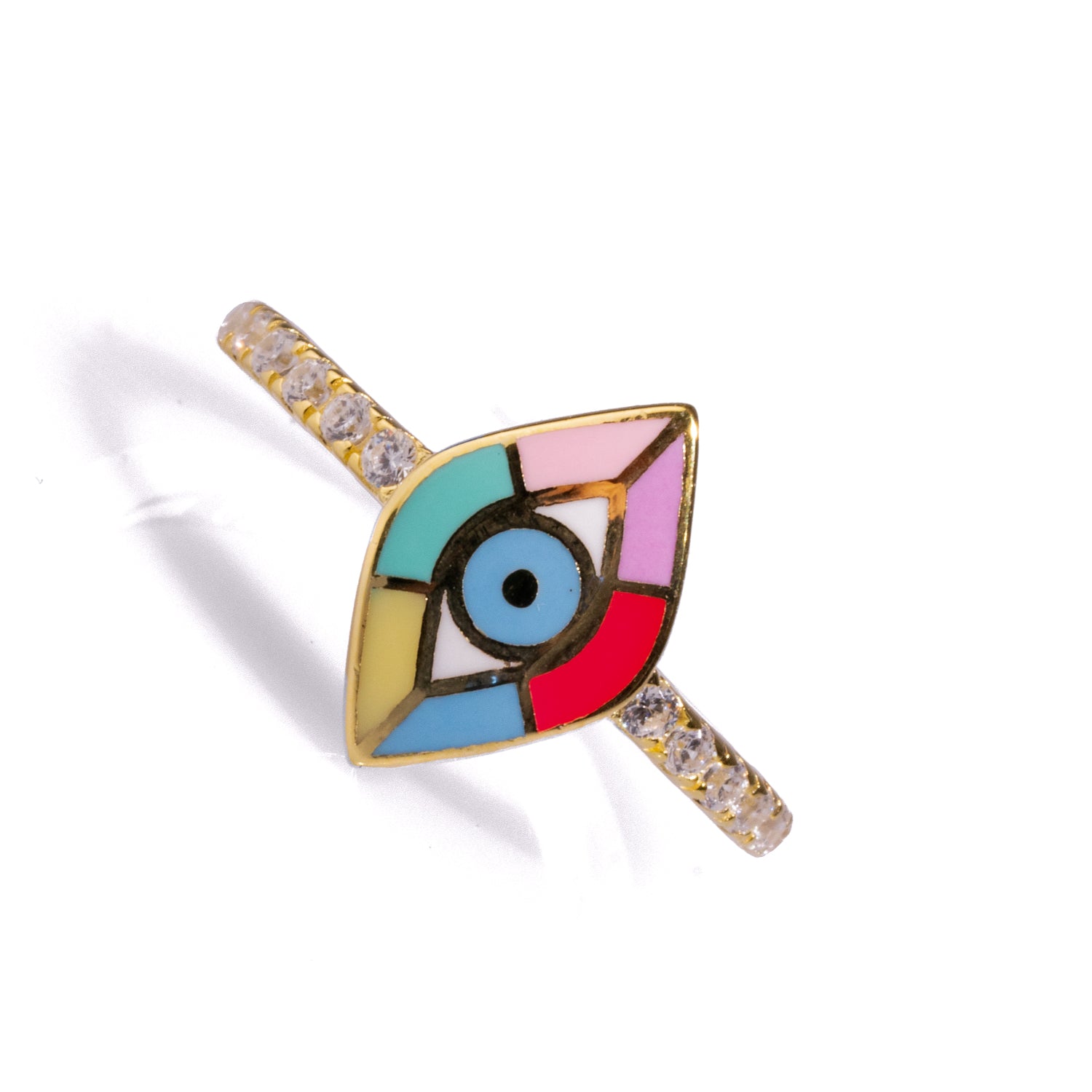 Colorful Enamel Evil Eye Design Cocktail Ring with Sparkling CZ Diamonds for Spiritual Protection