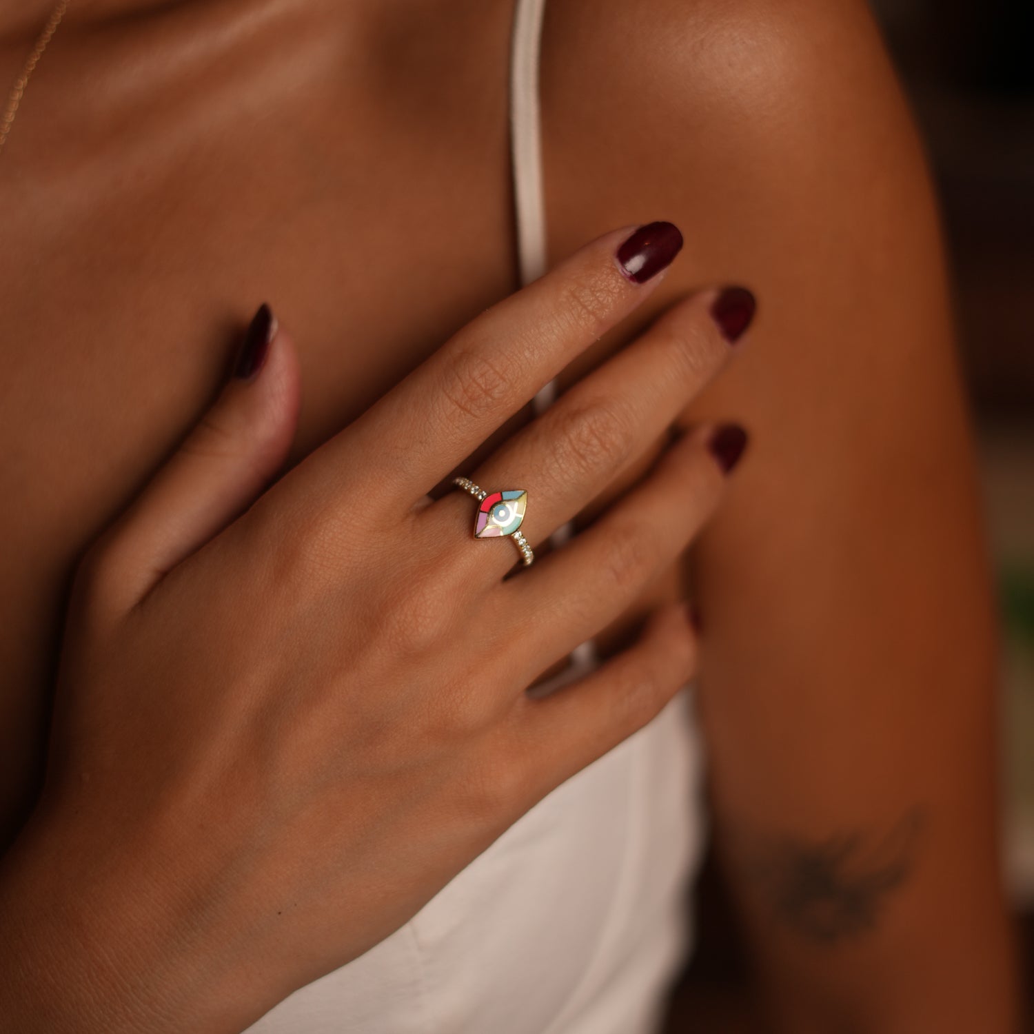 Adjustable Minimalist Evil Eye Band Ring with Colorful Enamel and CZ Diamonds