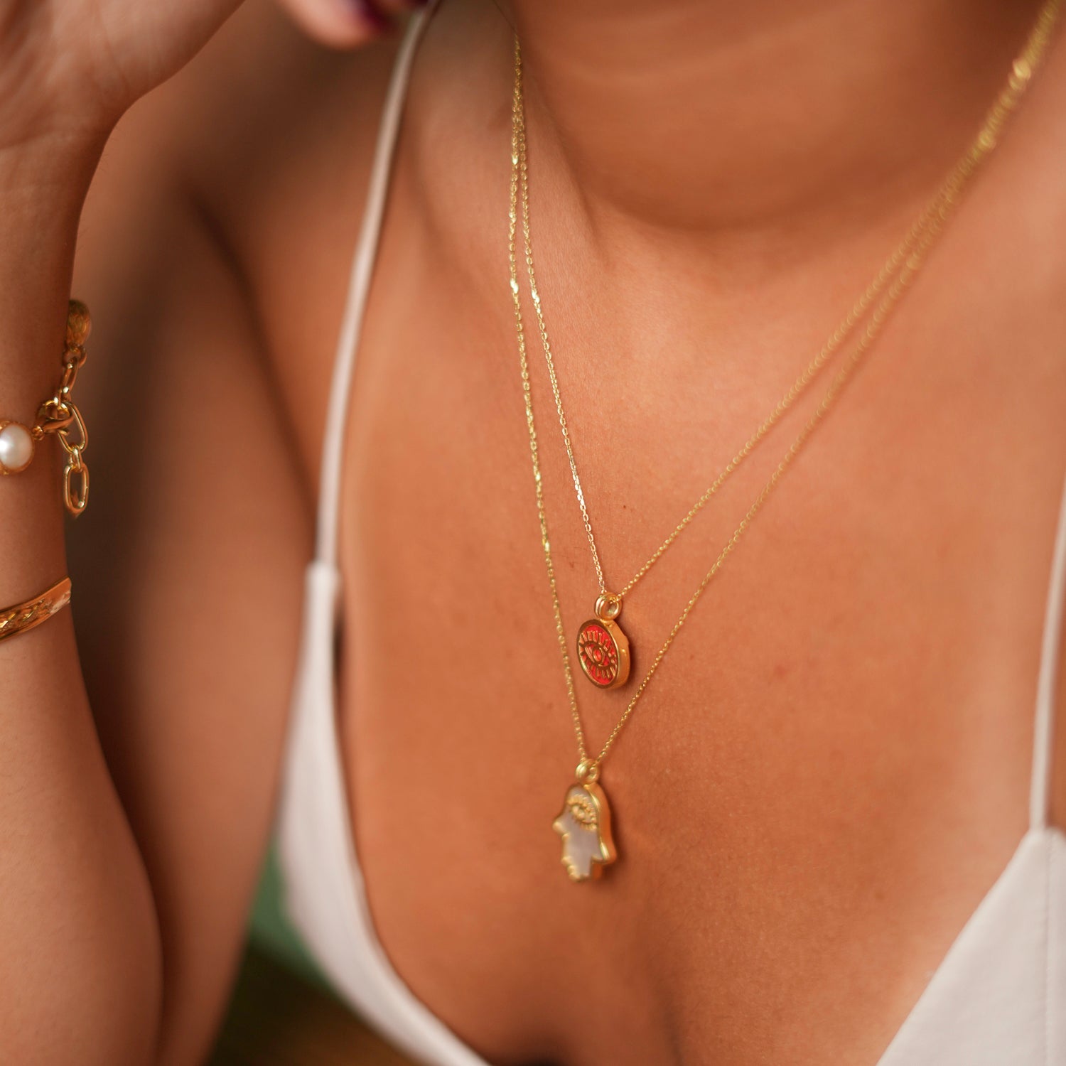 Minimalist Coral and Gold Evil Eye Necklace for Protection and Stylish Fashion