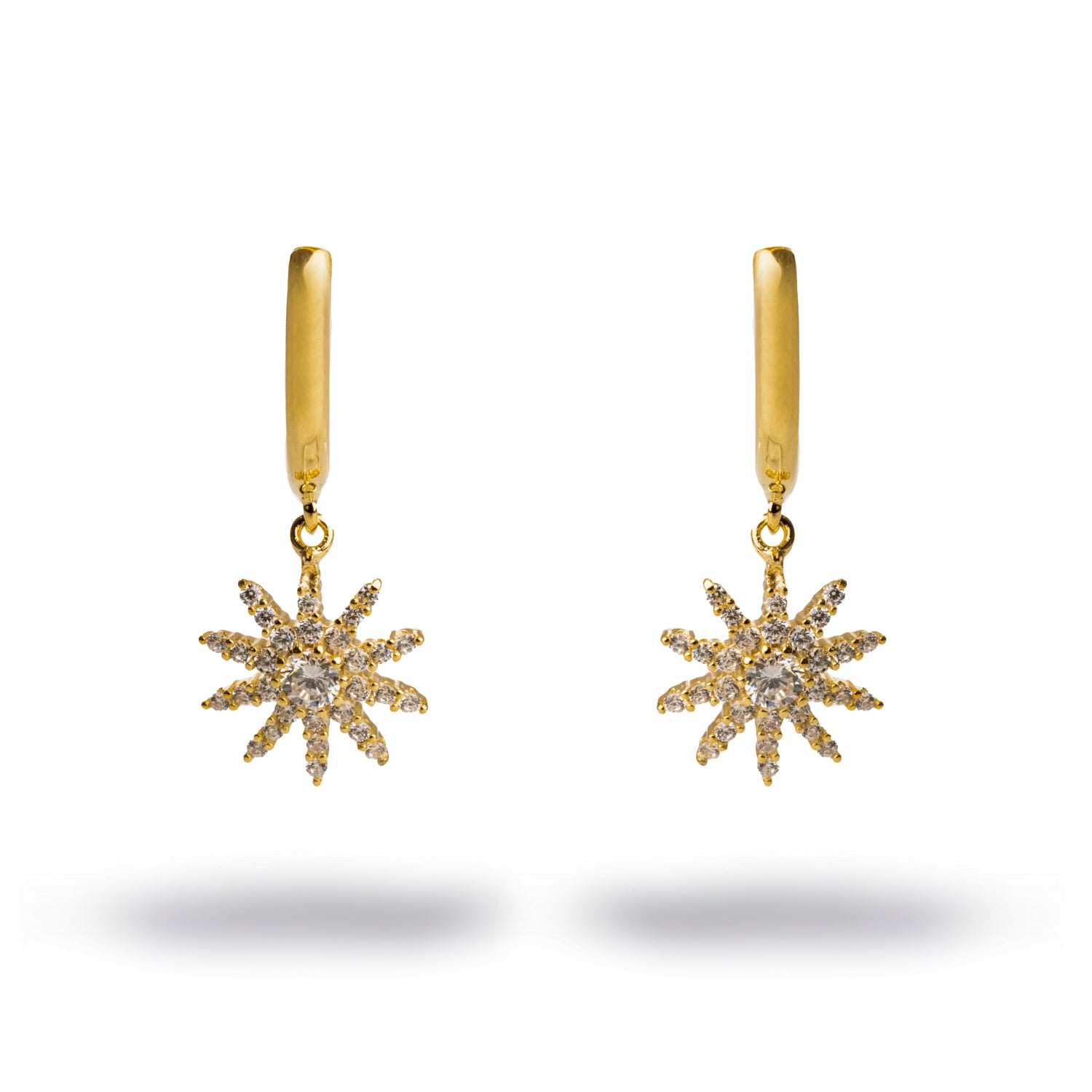 Elegant Gold Vermeil Sun Dangle Earrings with Sparkling CZ Diamonds.