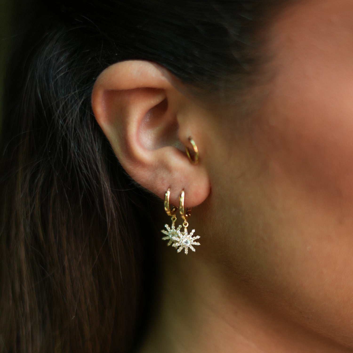 Minimalist Gold Hoop Earrings featuring a Radiant Sun Charm for a touch of boho chic.